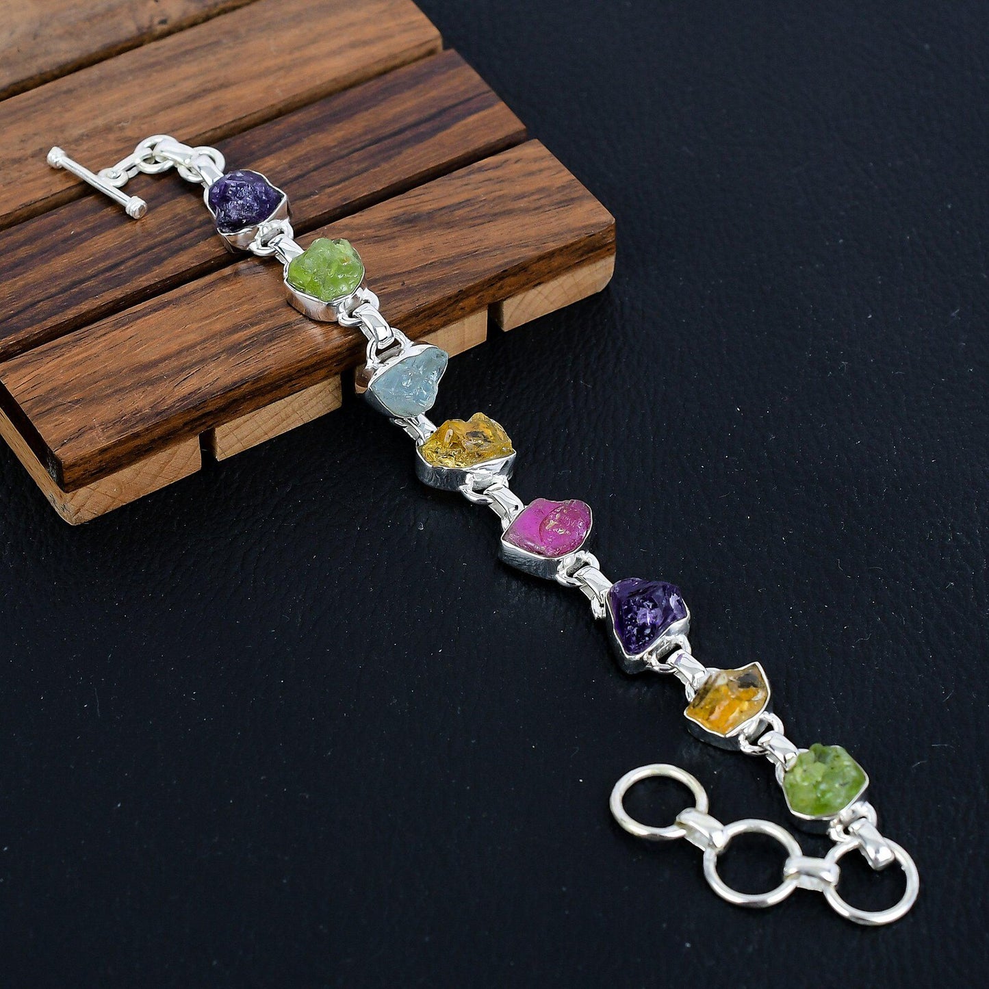 925 Sterling Silver Raw Multi Gemstone Bracelet/Rough Stone Jewellery/Trendy Christmas Gift/Royal Elegant Jewellery/Special Gift For Her