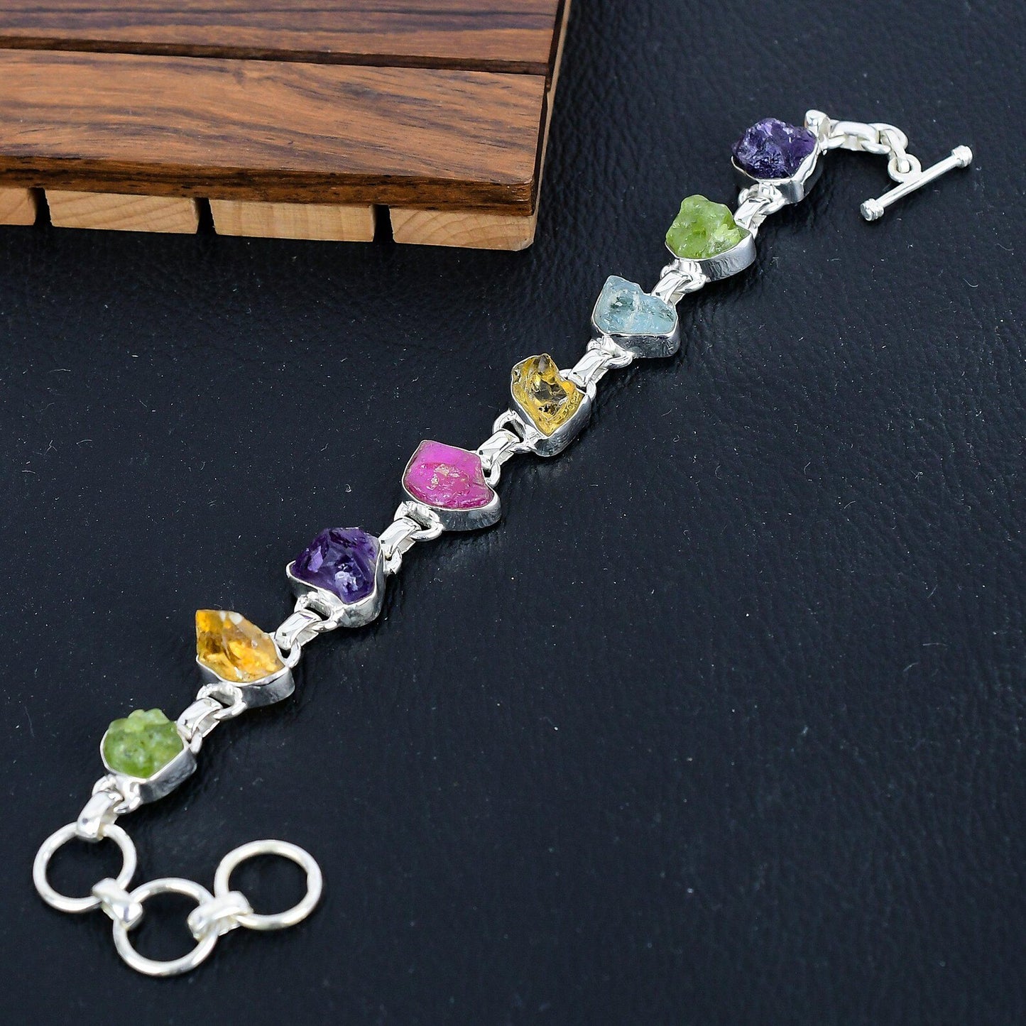 925 Sterling Silver Raw Multi Gemstone Bracelet/Rough Stone Jewellery/Trendy Christmas Gift/Royal Elegant Jewellery/Special Gift For Her