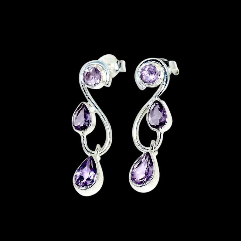925 Solid Sterling Silver Natural Amethyst Gemstone Earrings/Women's Designer Jewellery/Partywear Stud Earrings/Gift For Her/Purple Gemstone