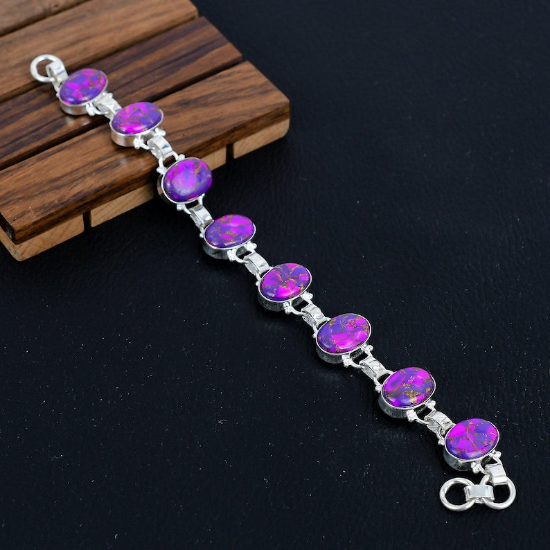 Solid 925 Sterling Silver Bracelet/Purple Copper Turquoise Gemstone Party wear Bracelet/Perfect Christmas Gift Items/Birthstone Jewellery
