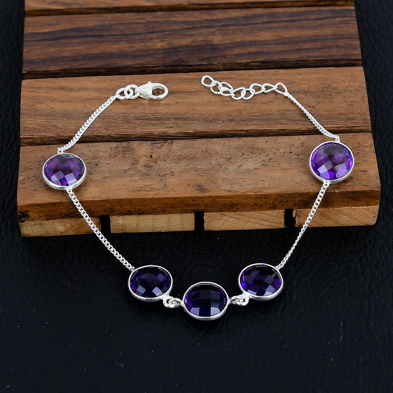 925 Solid sterling Silver Amethyst Bracelet/Trendy Gift For Her/Bracelet For Him, Her/Women's Designer Gemstone Jewellery/Christmas Gift