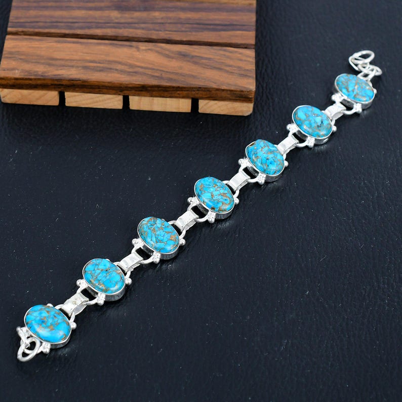 Solid 925 Sterling Silver Bracelet/Copper Turquoise Gemstone Party wear Bracelet/Perfect Christmas Gift/Birthstone Jewellery/ Gift For Her