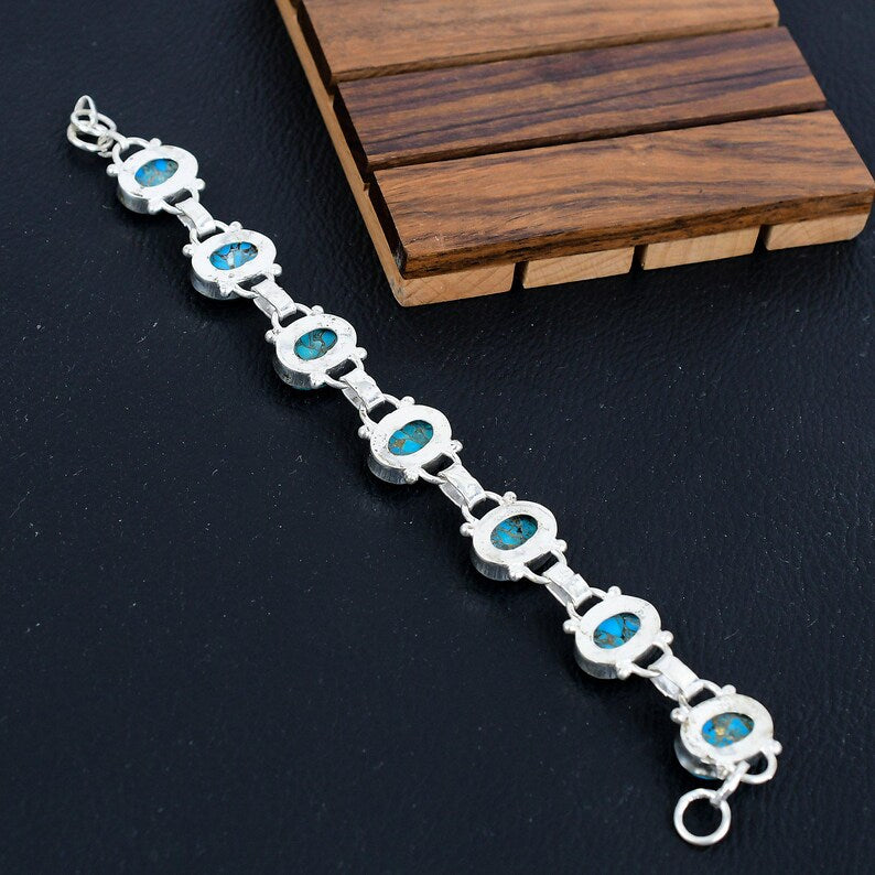 Solid 925 Sterling Silver Bracelet/Copper Turquoise Gemstone Party wear Bracelet/Perfect Christmas Gift/Birthstone Jewellery/ Gift For Her