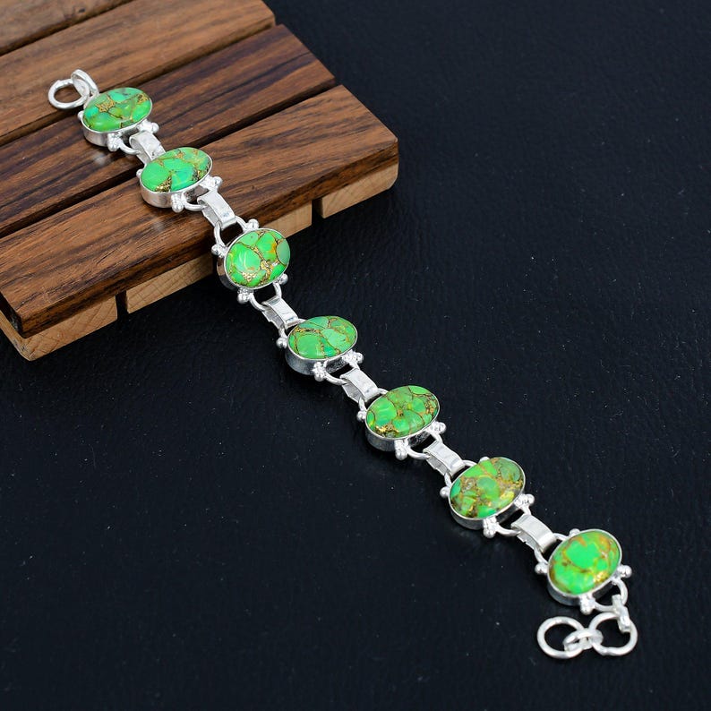 Solid 925 Sterling Silver Bracelet/green Copper Turquoise Gemstone Party wear Bracelet/Perfect Christmas Gift Items/Birthstone Jewellery