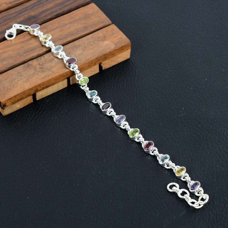 925 Sterling Silver Multi Gemstone Bracelet/Natural Stone Jewellery/Trendy Christmas Gift/Royal Elegant Jewellery/Special Gift For Her