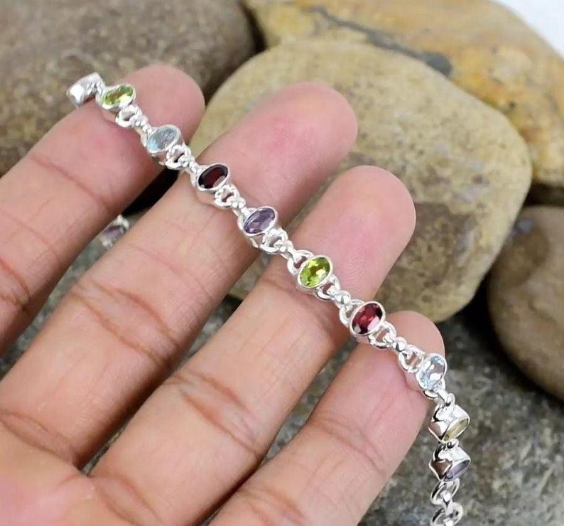 925 Sterling Silver Multi Gemstone Bracelet/Natural Stone Jewellery/Trendy Christmas Gift/Royal Elegant Jewellery/Special Gift For Her