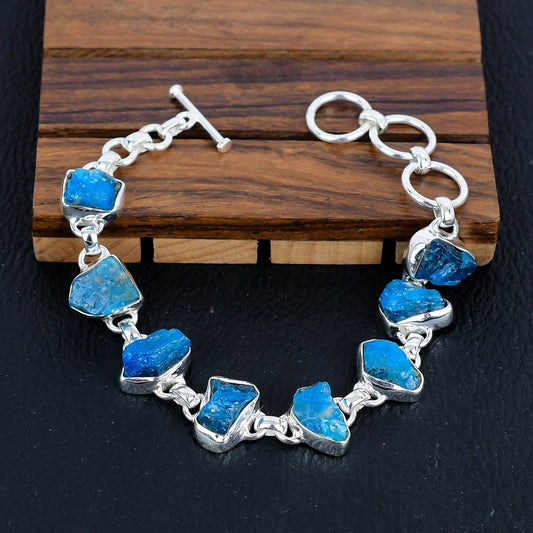 925 Sterling Silver Raw Neon Apatite Gemstone Bracelet/Rough Stone Jewellery/Trendy Gift/Royal Elegant Jewellery/Special Gift For Her