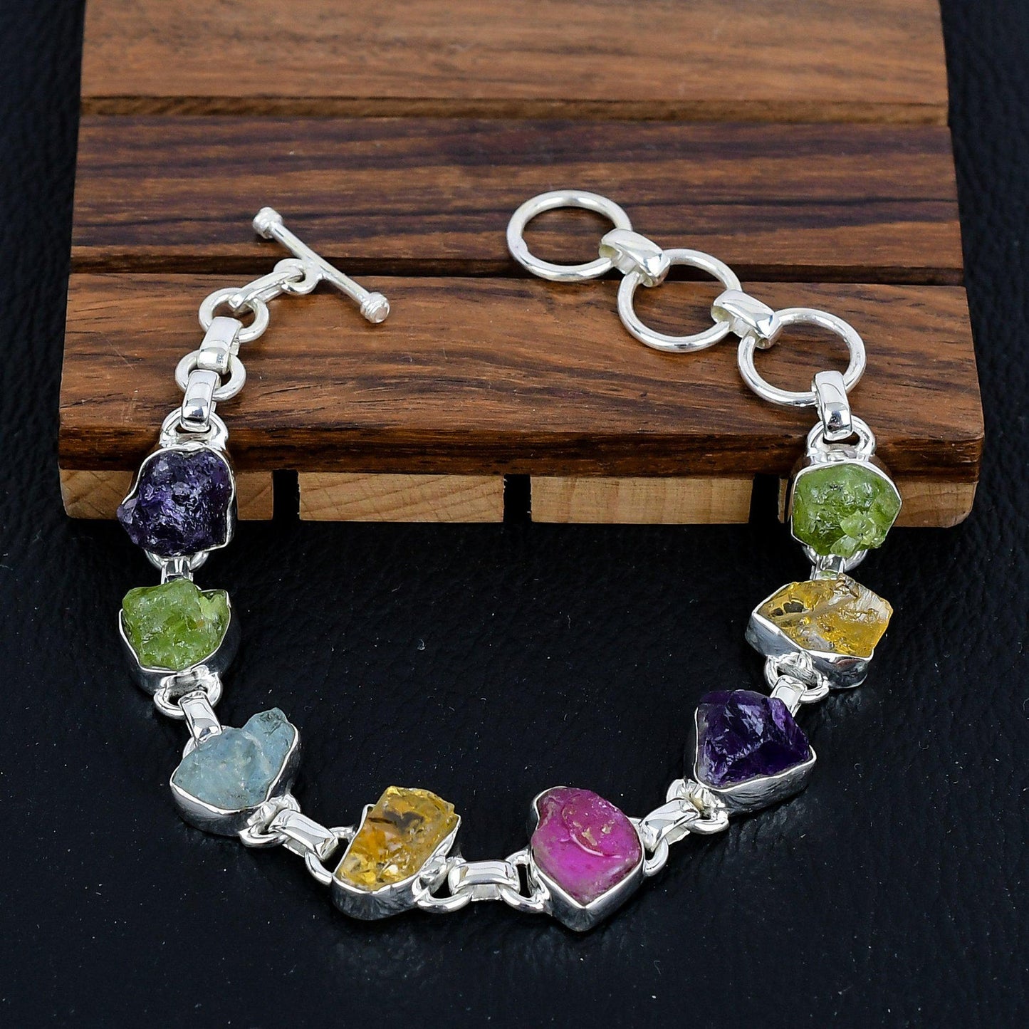 925 Sterling Silver Raw Multi Gemstone Bracelet/Rough Stone Jewellery/Trendy Christmas Gift/Royal Elegant Jewellery/Special Gift For Her