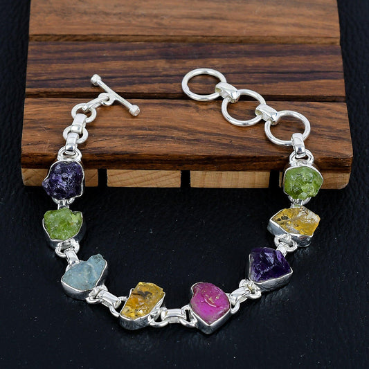 925 Sterling Silver Raw Multi Gemstone Bracelet/Rough Stone Jewellery/Trendy Christmas Gift/Royal Elegant Jewellery/Special Gift For Her