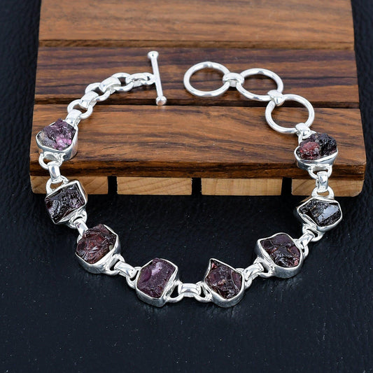 925 Sterling Silver Raw Garnet Gemstone Bracelet/Garnet Jewellery/Rough Stone/Trendy Gift/Royal Elegant Jewellery/Special Gift For Her