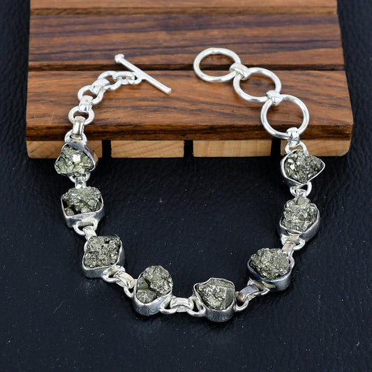 925 Sterling Silver Raw Pyrite Gemstone Bracelet/Raw Pyrite/Rough Golden Stone/Trendy Gift/Royal Jewellery/Special Gift For Her/Gift For Him
