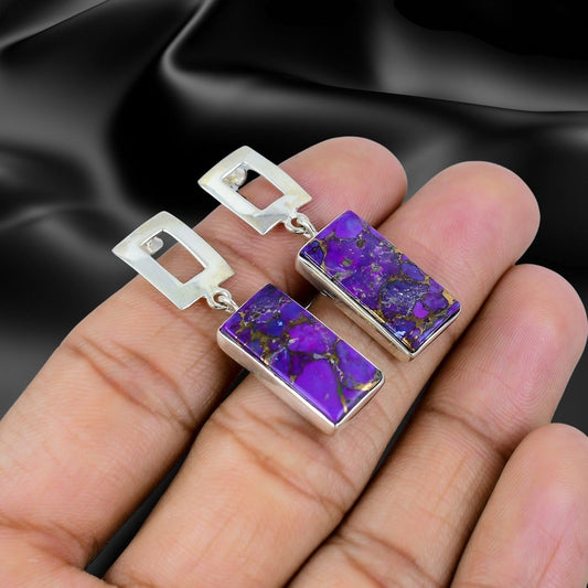 Solid 925 Sterling Silver Earrings/ Purple Copper Turquoise Gemstone Earrings/ Party wear Earrings/ Drop Dangle Earrings/ Gift Items