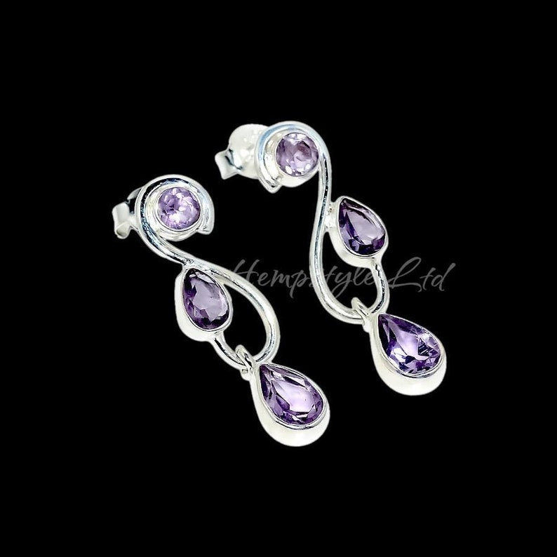 925 Solid Sterling Silver Natural Amethyst Gemstone Earrings/Women's Designer Jewellery/Partywear Stud Earrings/Gift For Her/Purple Gemstone