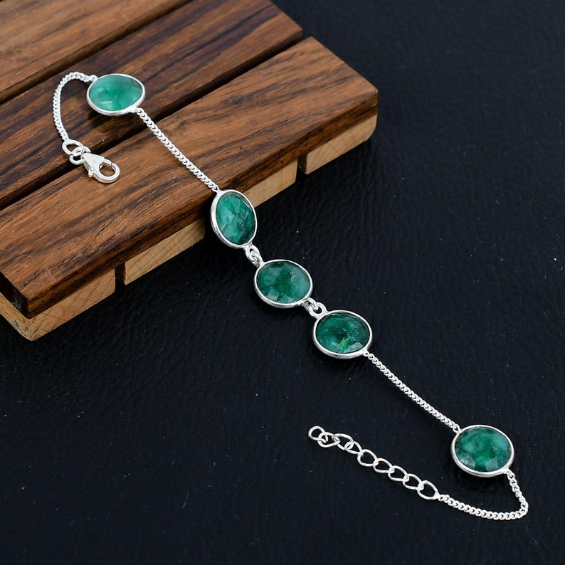 925 Solid sterling Silver Raw Emerald Bracelet/Trendy Gift For Her/Bracelet For Him, Her/Women's Designer Gemstone Jewellery/Christmas Gift