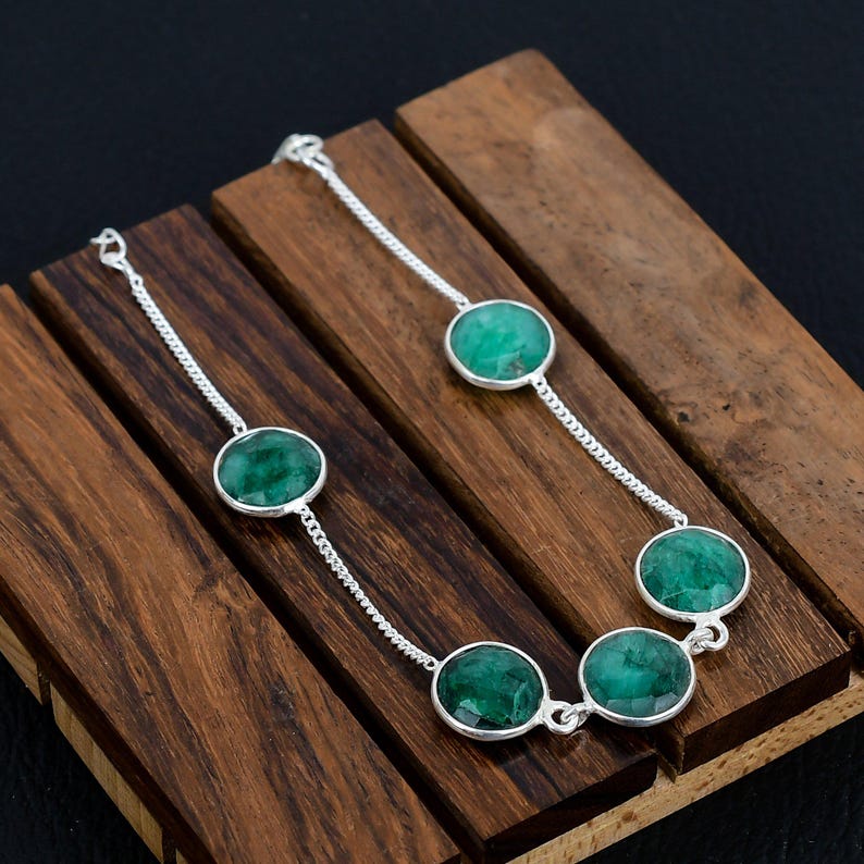 925 Solid sterling Silver Raw Emerald Bracelet/Trendy Gift For Her/Bracelet For Him, Her/Women's Designer Gemstone Jewellery/Christmas Gift