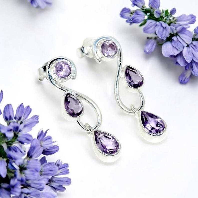 925 Solid Sterling Silver Natural Amethyst Gemstone Earrings/Women's Designer Jewellery/Partywear Stud Earrings/Gift For Her/Purple Gemstone