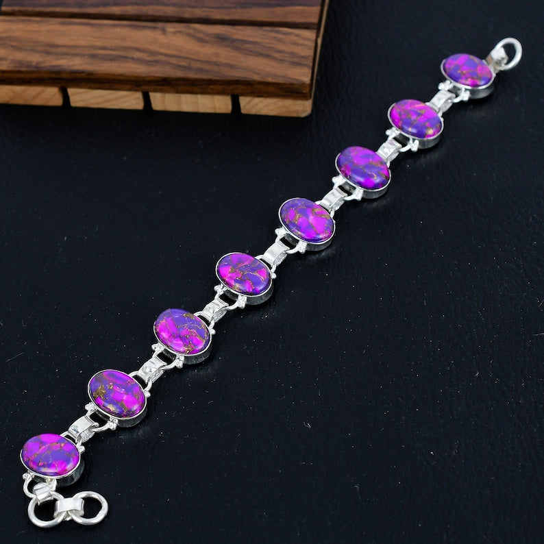 Solid 925 Sterling Silver Bracelet/Purple Copper Turquoise Gemstone Party wear Bracelet/Perfect Christmas Gift Items/Birthstone Jewellery