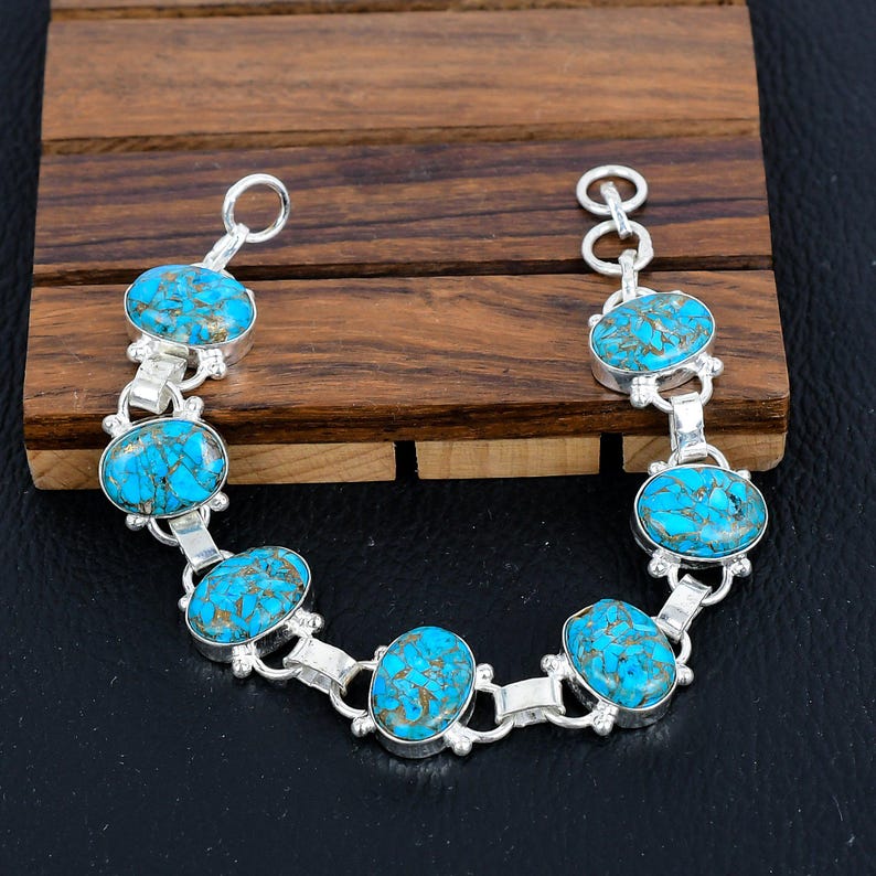 Solid 925 Sterling Silver Bracelet/Copper Turquoise Gemstone Party wear Bracelet/Perfect Christmas Gift/Birthstone Jewellery/ Gift For Her