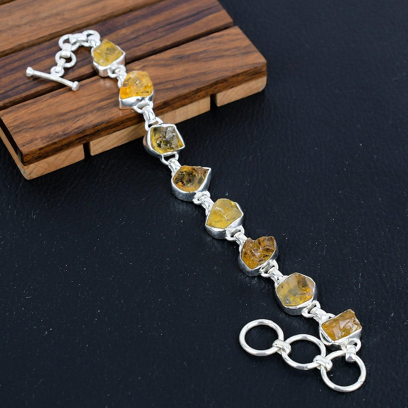 925 Sterling Silver Raw Citrine Gemstone Bracelet/Raw Citrine/Rough Stone/Trendy Gift/Royal Jewellery/Special Gift For Her/Gift For Him