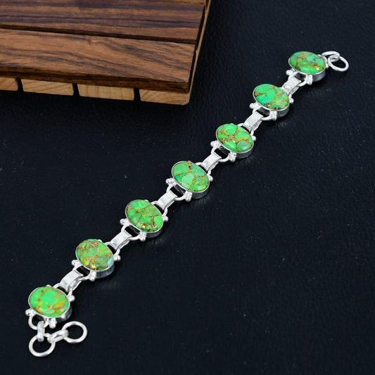 Solid 925 Sterling Silver Bracelet/green Copper Turquoise Gemstone Party wear Bracelet/Perfect Christmas Gift Items/Birthstone Jewellery