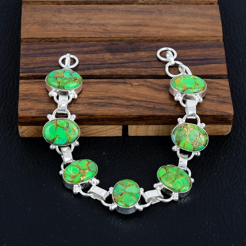 Solid 925 Sterling Silver Bracelet/green Copper Turquoise Gemstone Party wear Bracelet/Perfect Christmas Gift Items/Birthstone Jewellery