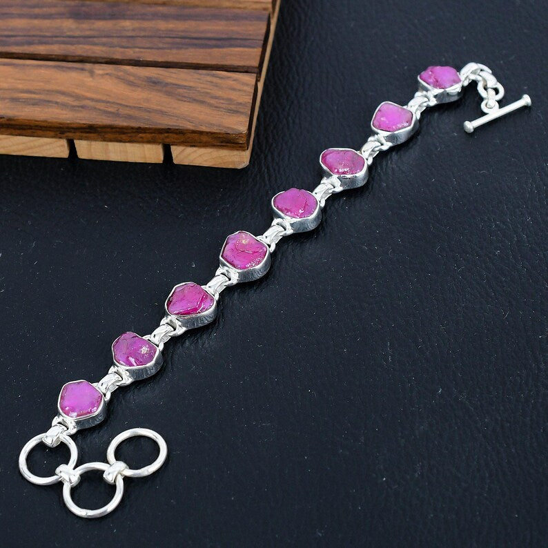 925 Solid sterling Silver Rough Ruby Bracelet/Trendy Gift For Her/Bracelet For Him, Her/Women's Designer Gemstone Jewellery/Christmas Gift