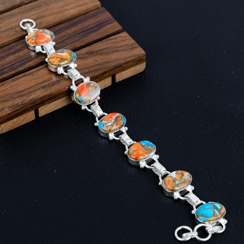 925 Silver Dahlia Turquoise Bracelet/Spiny Oyster Handmade Jewellery/Kingsman Oyster Turquoise Gift For Her/Trendy Boho Jewellery