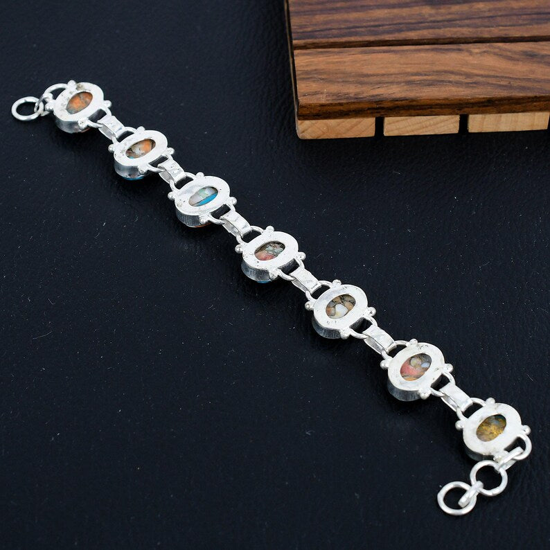 925 Silver Dahlia Turquoise Bracelet/Spiny Oyster Handmade Jewellery/Kingsman Oyster Turquoise Gift For Her/Trendy Boho Jewellery