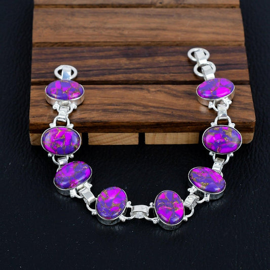 Solid 925 Sterling Silver Bracelet/Purple Copper Turquoise Gemstone Party wear Bracelet/Perfect Christmas Gift Items/Birthstone Jewellery