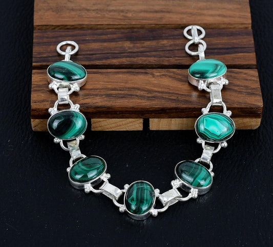 Solid 925 Sterling Silver Malachite Gemstone  Bracelet/Kidney Stone Jewellery/Perfect Christmas Gift/Birthstone Jewellery/Gift For Her