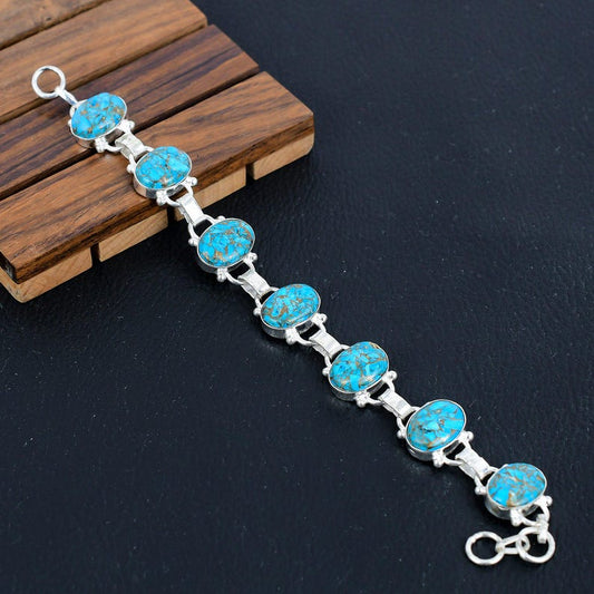 Solid 925 Sterling Silver Bracelet/Copper Turquoise Gemstone Party wear Bracelet/Perfect Christmas Gift/Birthstone Jewellery/ Gift For Her
