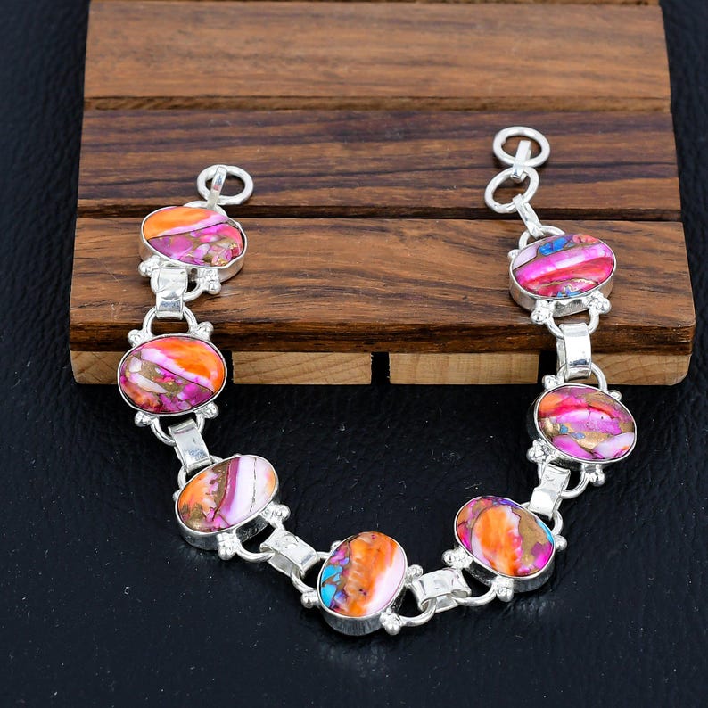 925 Silver Dahlia Turquoise Bracelet/Pink Spiny Oyster Handmade Jewellery/Kingsman Oyster Turquoise Gift For Her/Trendy Boho Jewellery