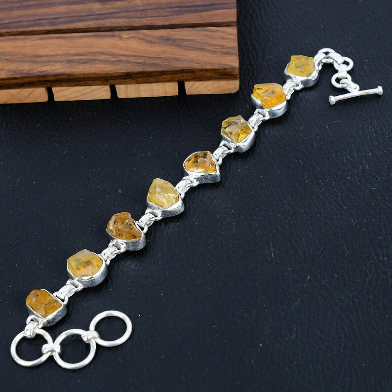 925 Sterling Silver Raw Citrine Gemstone Bracelet/Raw Citrine/Rough Stone/Trendy Gift/Royal Jewellery/Special Gift For Her/Gift For Him