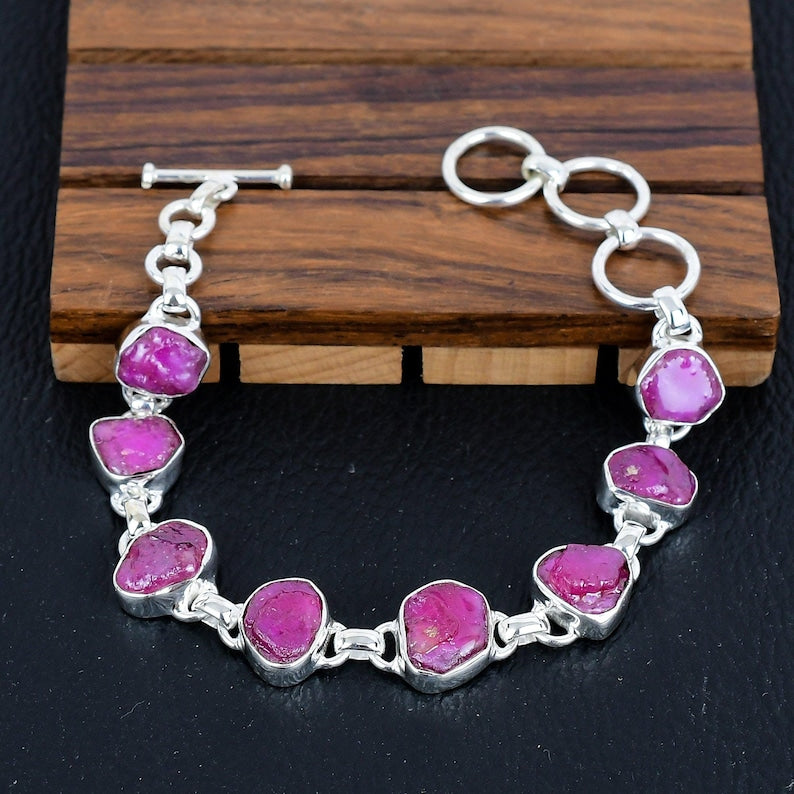 925 Solid sterling Silver Rough Ruby Bracelet/Trendy Gift For Her/Bracelet For Him, Her/Women's Designer Gemstone Jewellery/Christmas Gift