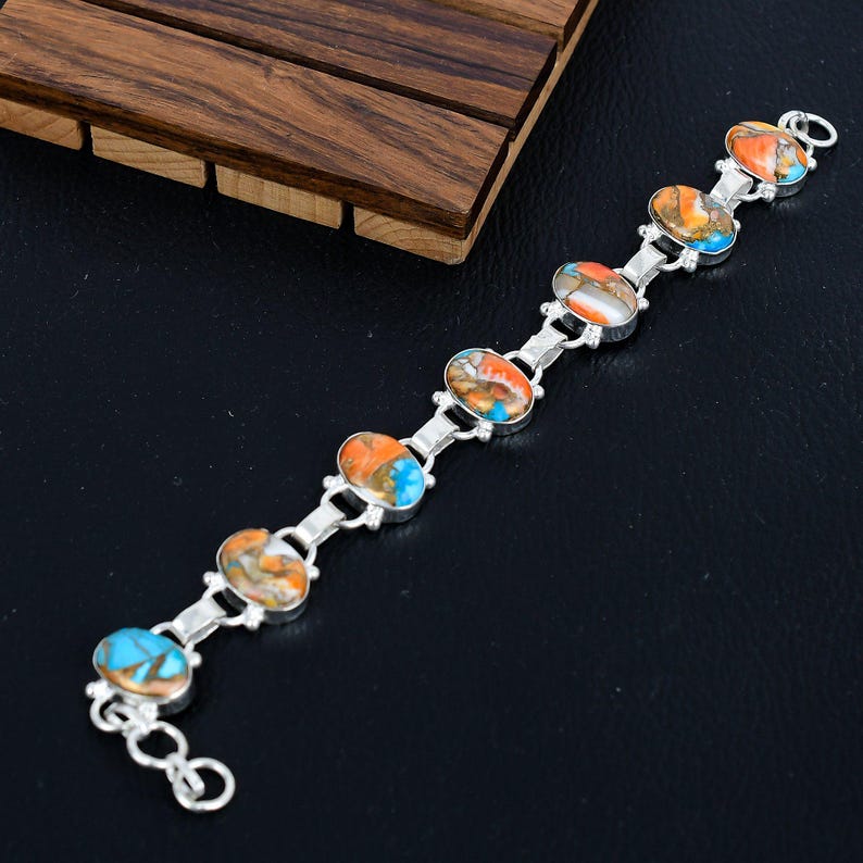 925 Silver Dahlia Turquoise Bracelet/Spiny Oyster Handmade Jewellery/Kingsman Oyster Turquoise Gift For Her/Trendy Boho Jewellery