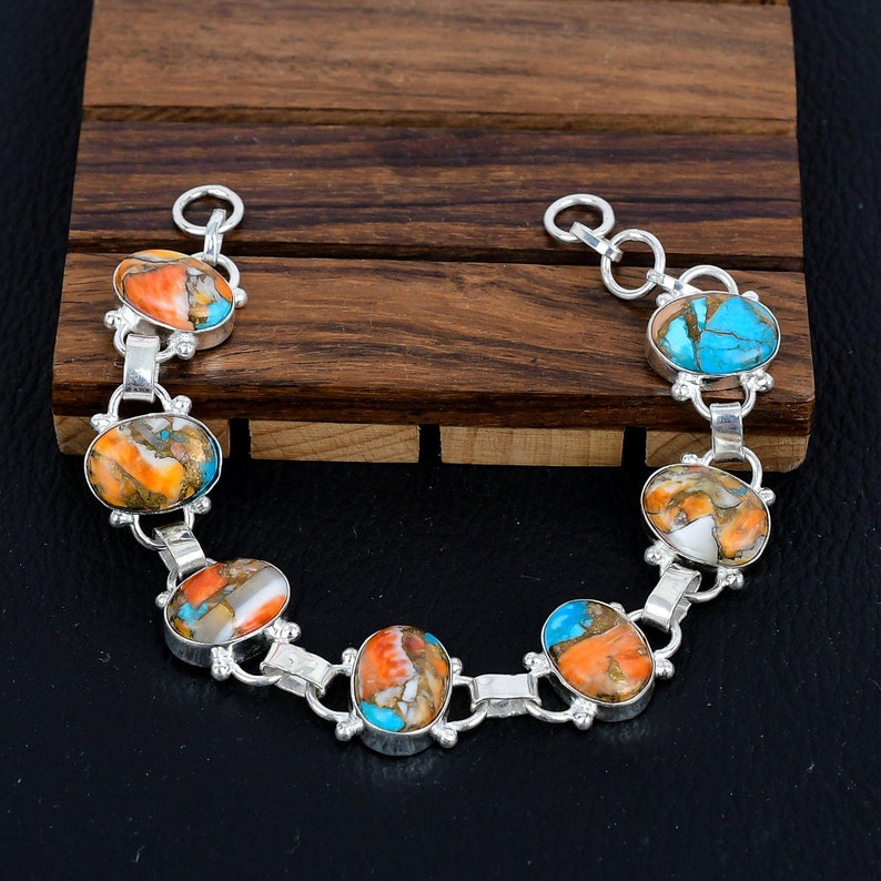 925 Silver Dahlia Turquoise Bracelet/Spiny Oyster Handmade Jewellery/Kingsman Oyster Turquoise Gift For Her/Trendy Boho Jewellery