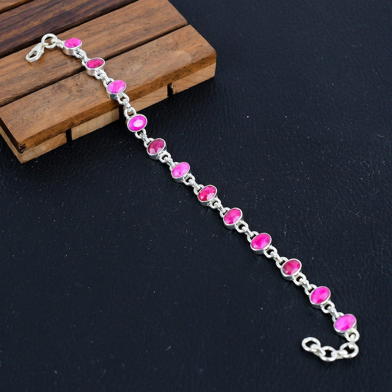 925 Solid sterling Silver Ruby Bracelet/Trendy Gift For Her/Bracelet For Him, Her/Women's Designer Gemstone Jewellery/Christmas Gift