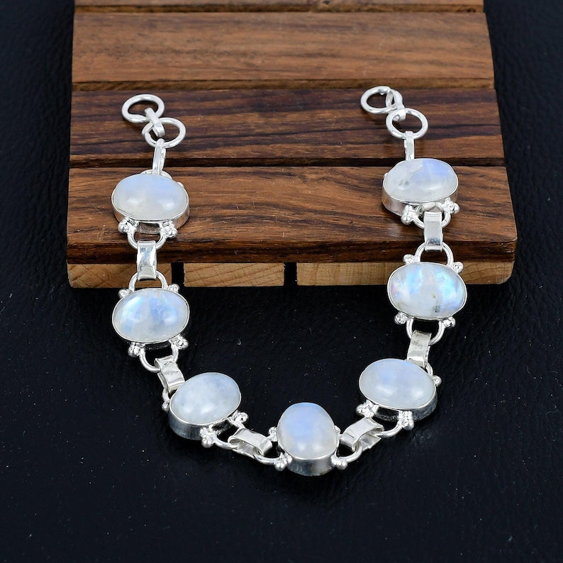 925 Sterling Silver Natural Moonstone Gemstone Boho Bracelet/Fiery Stone Jewellery/Trendy Gift/Royal Elegant Jewellery/Special Gift For Her