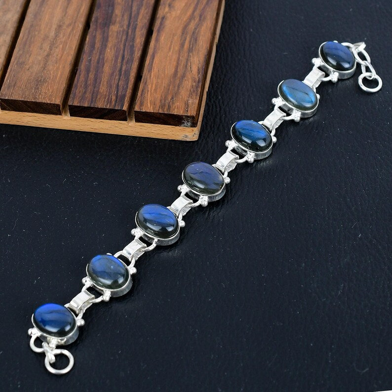 925 Sterling Silver Natural Labradorite Gemstone Boho Bracelet/Trendy Gift/Royal Elegant Fiery Stone Jewellery/Special Gift For Her