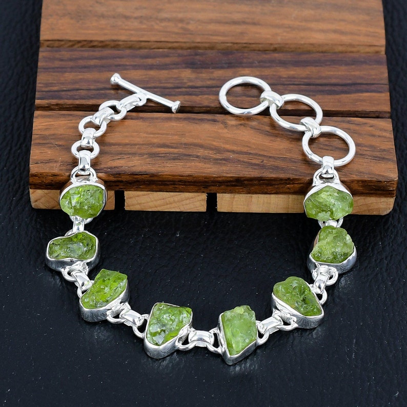 925 Sterling Silver Natural Raw Rough Peridot Gemstone Boho Bracelet/Trendy Gift/Royal Elegant Green Stone Jewellery/Special Gift For Her