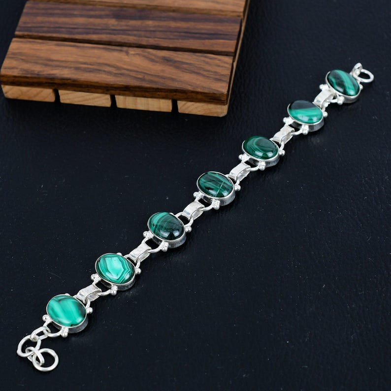 Solid 925 Sterling Silver Malachite Gemstone  Bracelet/Kidney Stone Jewellery/Perfect Christmas Gift/Birthstone Jewellery/Gift For Her