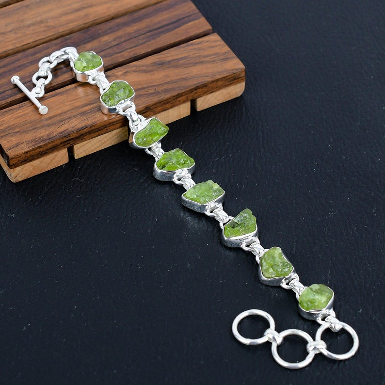 925 Sterling Silver Natural Raw Rough Peridot Gemstone Boho Bracelet/Trendy Gift/Royal Elegant Green Stone Jewellery/Special Gift For Her