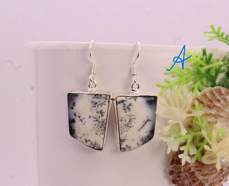 Solid 925 Sterling Silver Hook Dendrite Opal Earrings/Gemstone Earrings/ Daily wear Earrings/ Drop Dangle Earrings/Special Gift For Her