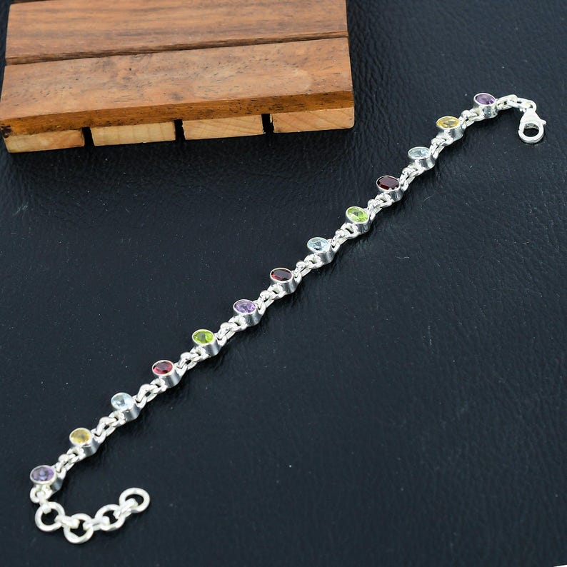 925 Sterling Silver Multi Gemstone Bracelet/Natural Stone Jewellery/Trendy Christmas Gift/Royal Elegant Jewellery/Special Gift For Her