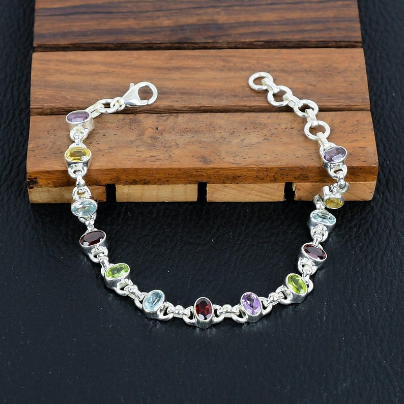 925 Sterling Silver Multi Gemstone Bracelet/Natural Stone Jewellery/Trendy Christmas Gift/Royal Elegant Jewellery/Special Gift For Her